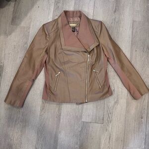 Iman Women's Global Chic Genuine Leather Moto Jacket with Knit Pannels Size L